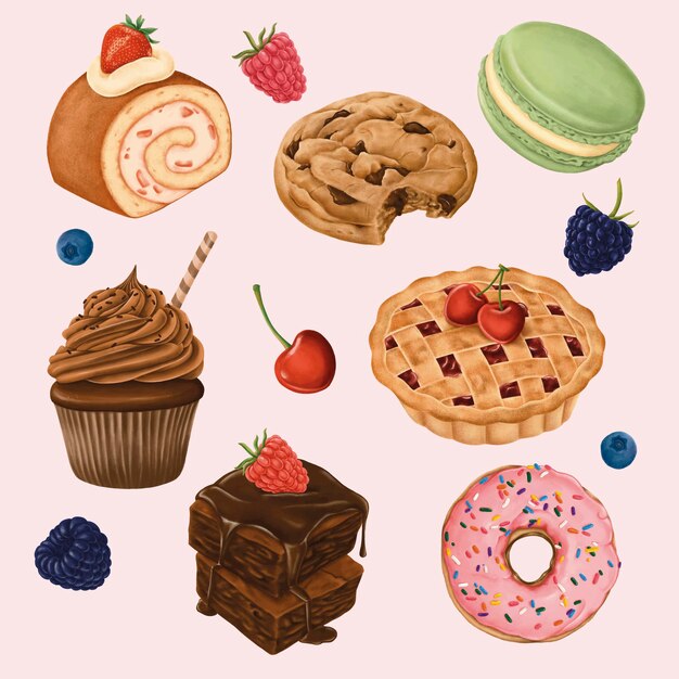 Delicious hand painted desserts vector set