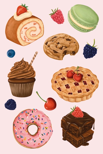 Delicious hand painted desserts vector set