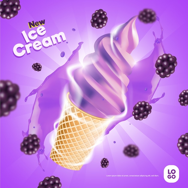 Free Vector delicious organic ice cream and blackberries food product ad