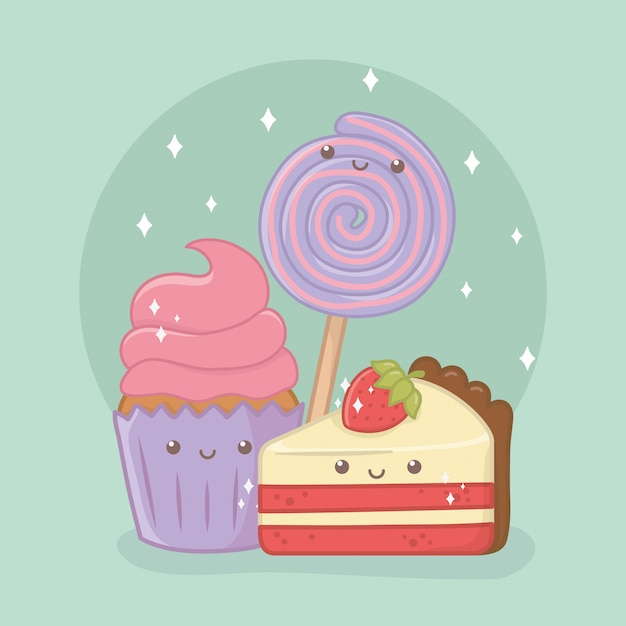 Delicious and sweet cupcake and products kawaii characters