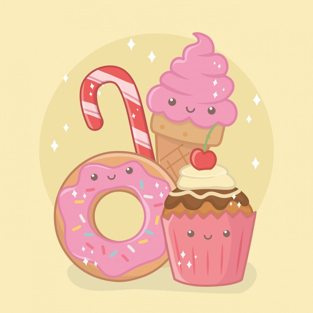 Delicious and sweet donut and products kawaii characters