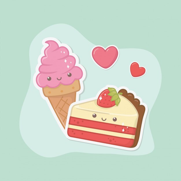 Delicious and sweet ice cream and products kawaii characters