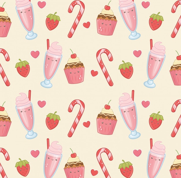 Delicious and sweet products kawaii characters pattern