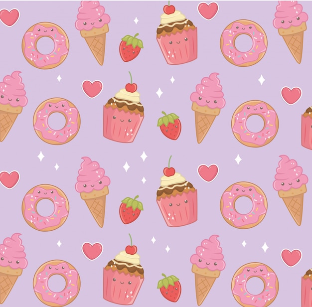 Free Vector delicious and sweet products kawaii characters pattern