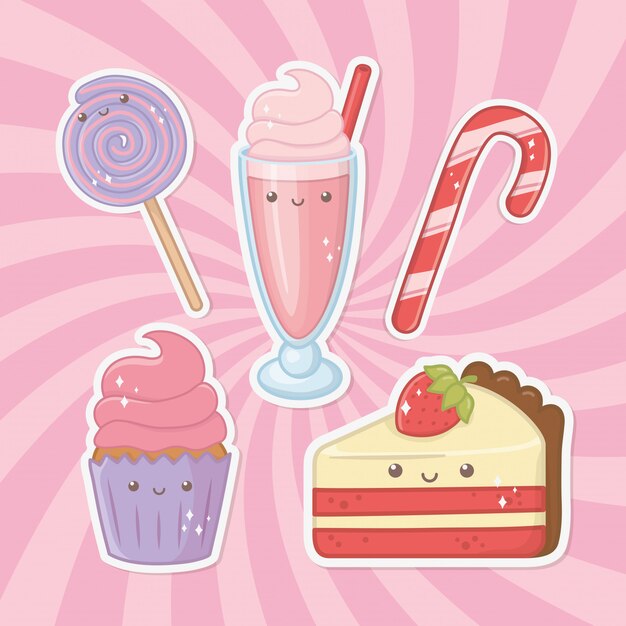 Delicious and sweet products kawaii characters