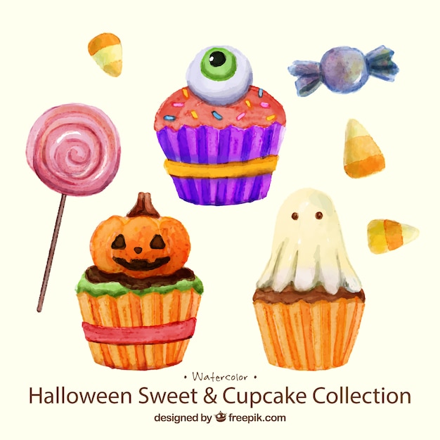 Free Vector delicious sweets and watercolor halloween cakes 