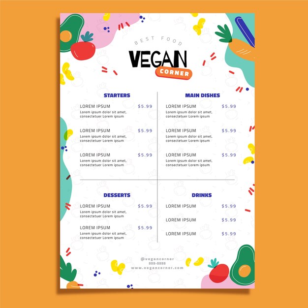 Delicious vegan food menu template