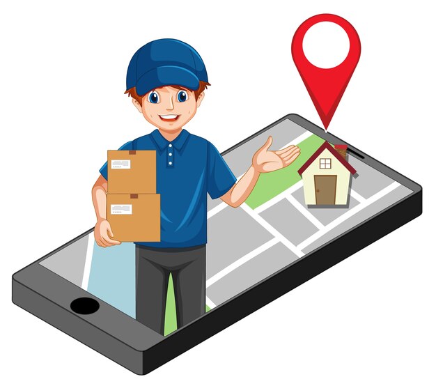 Deliver or courier man in blue uniform cartoon character