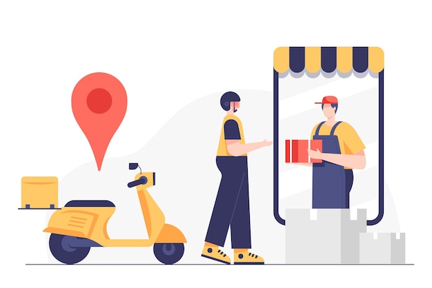 Free Vector delivery boy picks up the parcel from online store for sending to customer with location in application by motorcycle, vector illustration