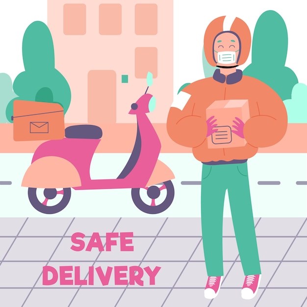 Delivery boy wearing medical mask riding a scooter