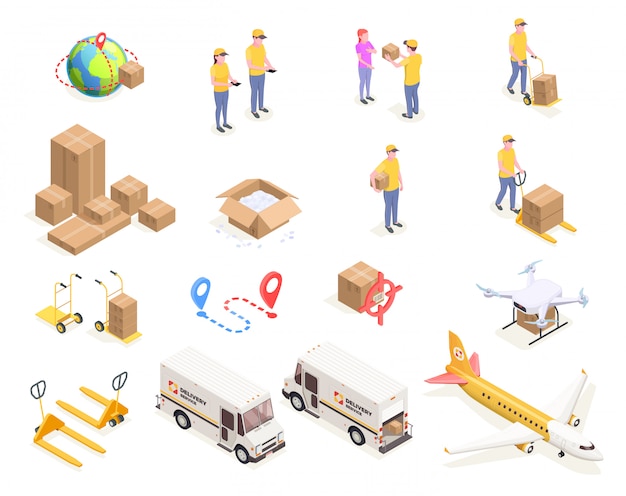 Free Vector delivery logistics shipment isometric icons set with isolated images of cardboard boxes and people in uniform  illustration