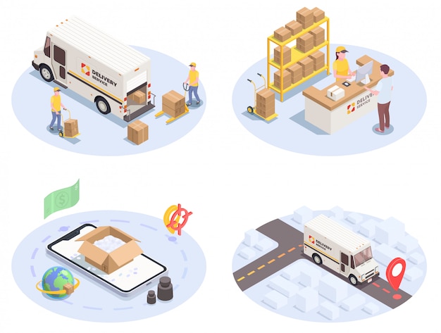 Free Vector delivery logistics shipment set of four isometric images with colourful icons pictograms human characters and cars  illustration