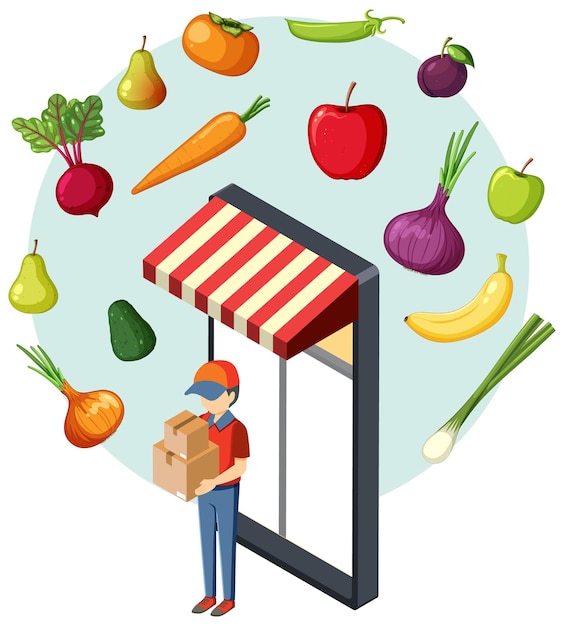 Free Vector delivery man collecting box from fruit and vegetable shop