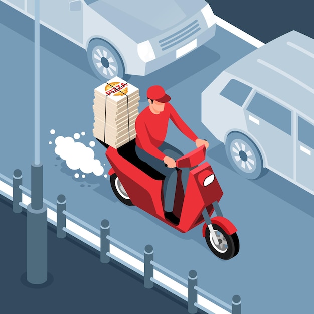 Delivery man delivering pizza on red scooter against black and white background 3d isometric vector illustration