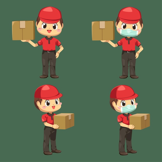 Free Vector delivery man wearing uniform and cap with parcel box and envelope in cartoon character, isolated flat illustration