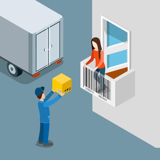 Delivery package to home door flat isometric