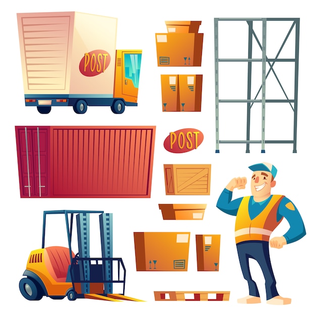 Free Vector delivery or postal service cartoon icons set isolated on white background. 