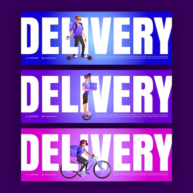 Free vector delivery posters with couriers on bike electric unicycle and skate vector banners of deliver service with cartoon illustration of people with backpack ride on bicycle skateboard and monowheel