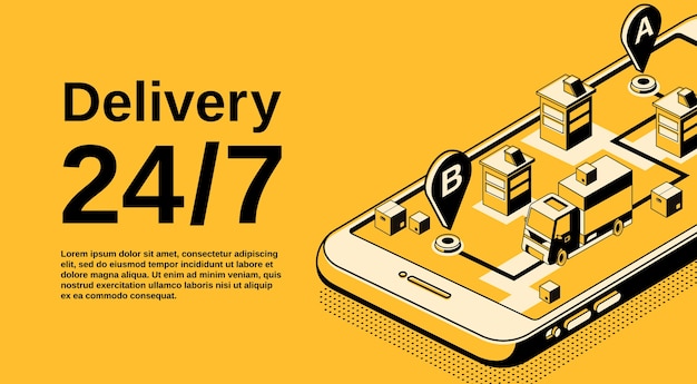 Delivery service 24 7 illustration of logistics shipping tracking technology.