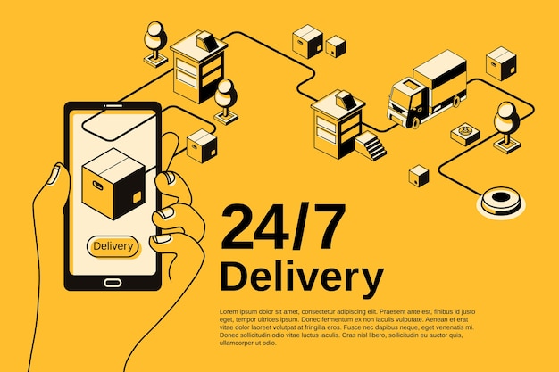 Delivery service application illustration for mail parcel shipping tracking on smartphone.