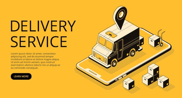 Delivery service illustration of loader truck and parcel boxes at warehouse. 