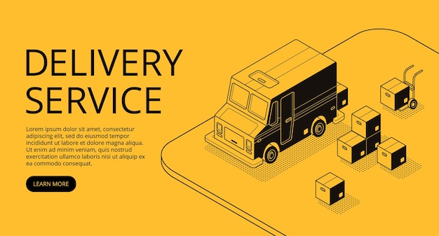 Delivery service illustration of thin line art in black isometric halftone style. 