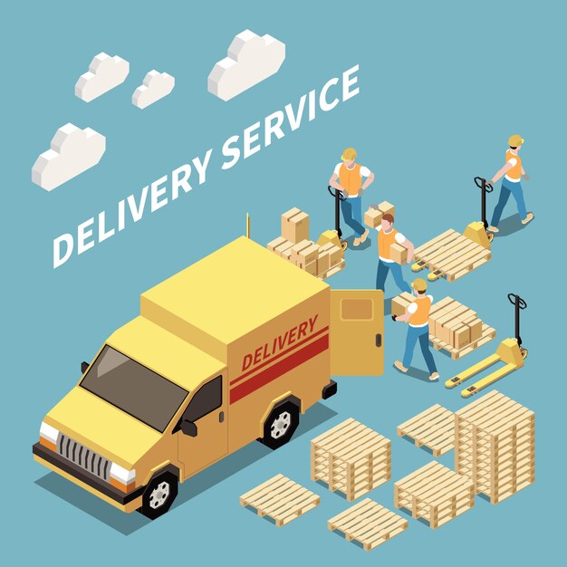 Delivery service isometric composition with workers loading goods 3d isometric vector illustration