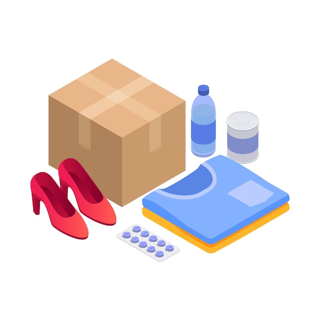 Delivery service isometric illustration with cardboard box and various goods 3d