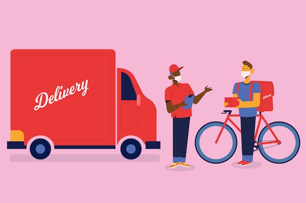 Free vector delivery service with masks concept