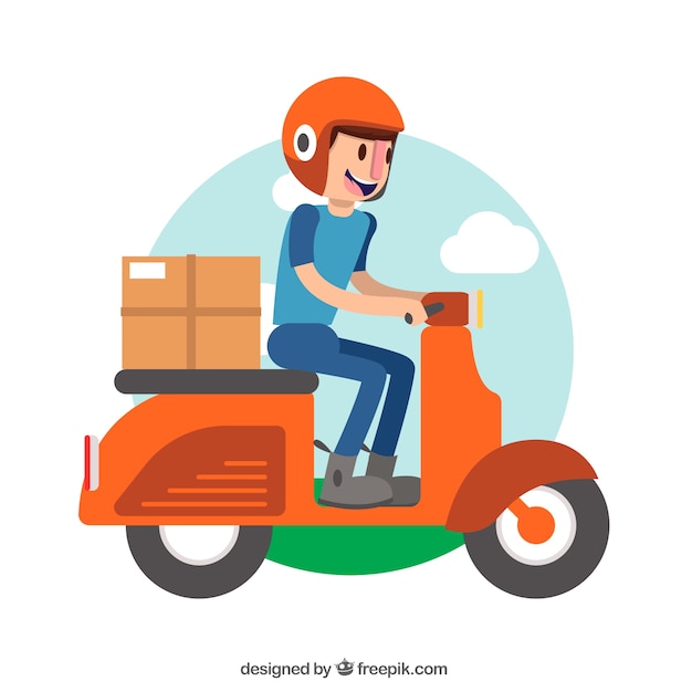 Deliveryman laughing and driving scooter