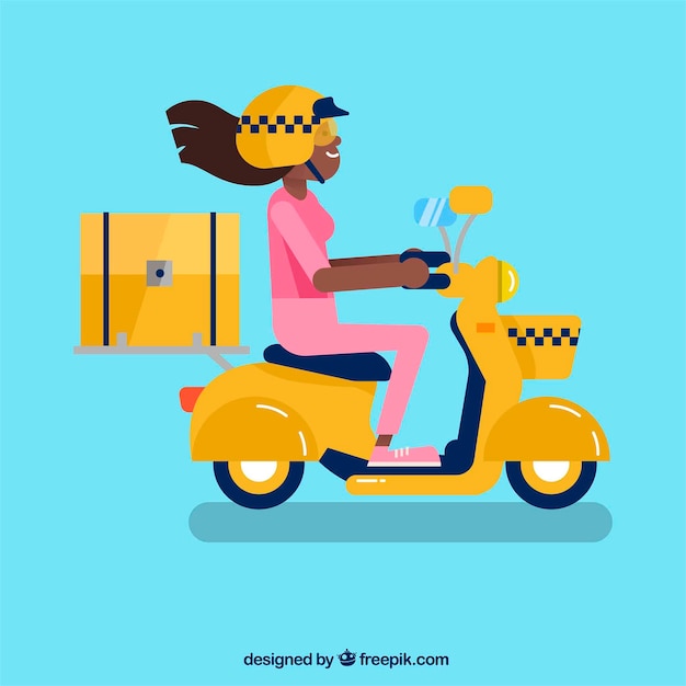 Deliverywoman driving fast with scooter