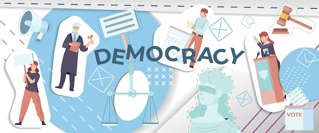 Free Vector democracy flat collage with cut paper human characters campaigning for political freedom fair trial right to vote vector illustration