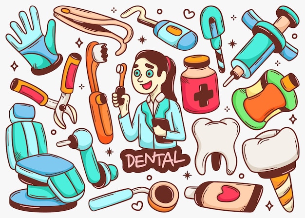 Free Vector dental doodle hand drawn color vector collection