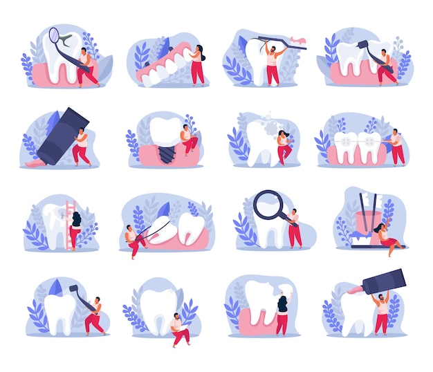 Free vector dental health flat icons collection with isolated compositions of tooth images instruments and doodle human characters vector illustration