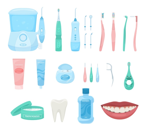 Free Vector dental hygiene flat set of isolated icons with oral care products dentists tools and smiling mouth vector illustration