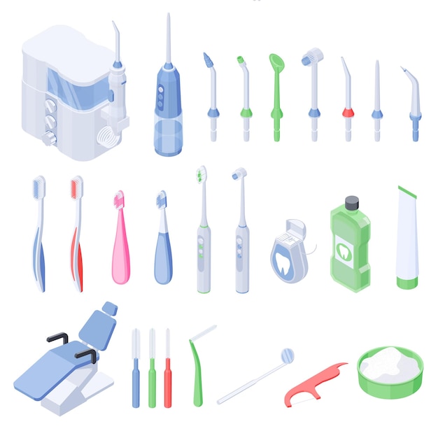 Free Vector dental hygiene isometric set of dental floss electric and usual toothbrushes and nozzles for  irrigator isolated vector illustration