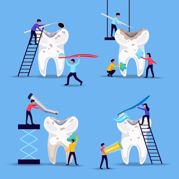 Dental problems prevention treatment 4 flat funny compositions with tiny people brushing huge teeth blue background