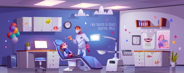 Dental room for kids with girl sitting in chair and doctor. cartoon illustration with dentist and child patient in stomatology office in clinic or hospital. Kids tooth treatment and care