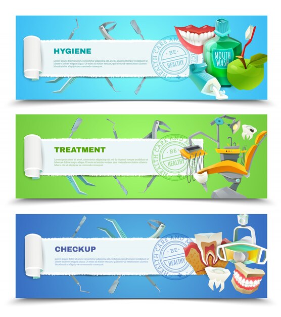 Dentist 3 Flat Horizontal Banners Set 