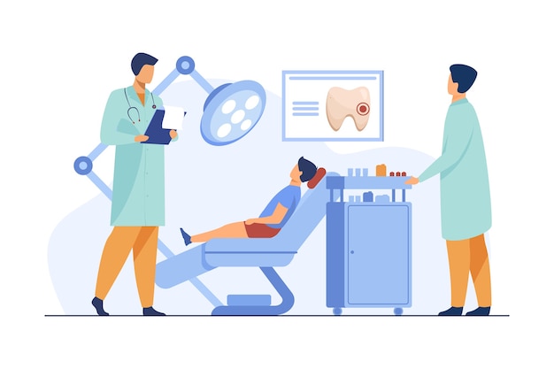 Dentist examining boy in dental chair. Doctor, tooth, visit flat vector illustration. Stomatology and dentistry