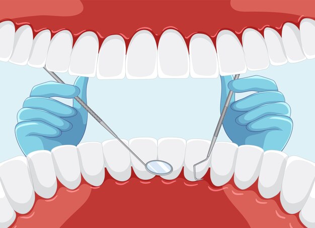 Dentist holding instruments examining patient teeth inside human