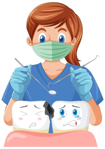 Dentist holding instruments and examining teeth decay on white b