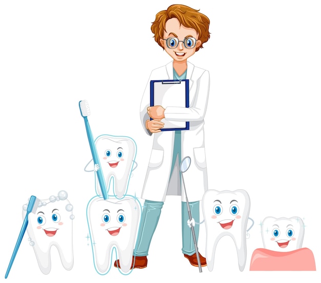 Dentist with many big teeth on white background