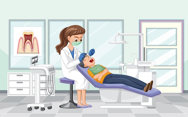 Dentist woman examining patient teeth in clinic