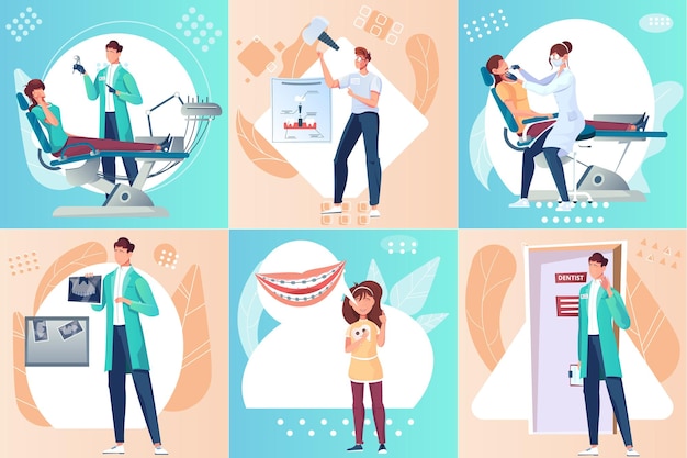 Dentistry  set  of  square  compositions  with  flat  images  of  dental  surgeons  apparatus  and  characters  of  dentists    illustration