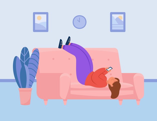 Depressed girl lying on sofa and looking at phone screen. Sad lazy woman resting on coach at home, scrolling social media feet, surfing internet flat vector illustration. Apathy, addiction concept