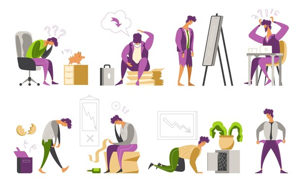 Depressed loser businessman with empty pockets flat icons set isolated vector illustration