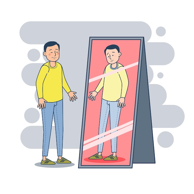 Free Vector depressed man reacting positive covering face emotions infront mirror feeling depression mental disorder concept portrait vector illustration