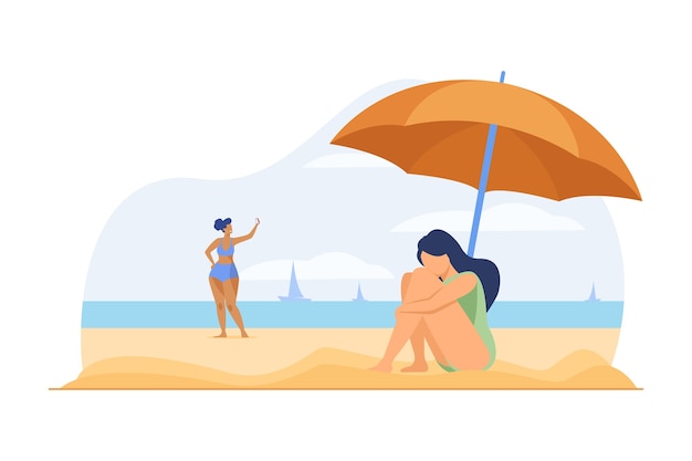 Depressed woman on sea beach. Sad girl sitting on sand under umbrella flat vector illustration. Major depression, vacation, loneliness 