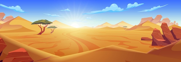 Free Vector desert composition with horizontal landscape of wasteland with mountain rocks sands and sky with dawning sun vector illustration